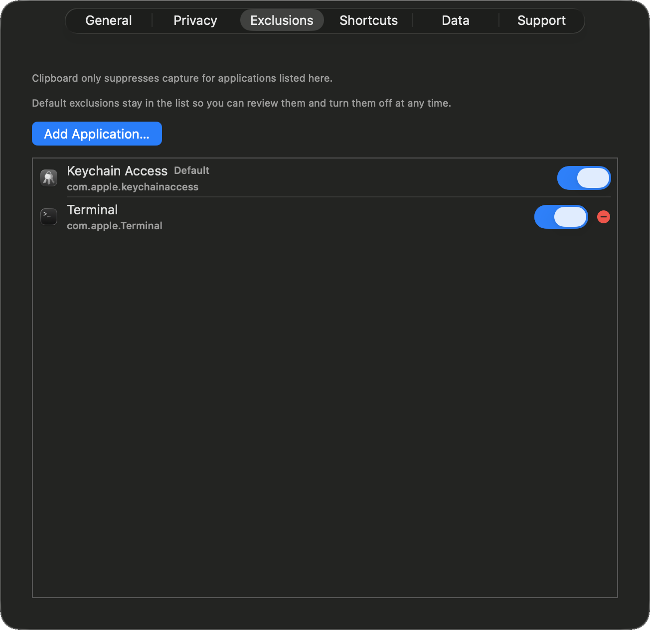Clipboard Exclusions settings with Keychain Access excluded by default and room for custom apps