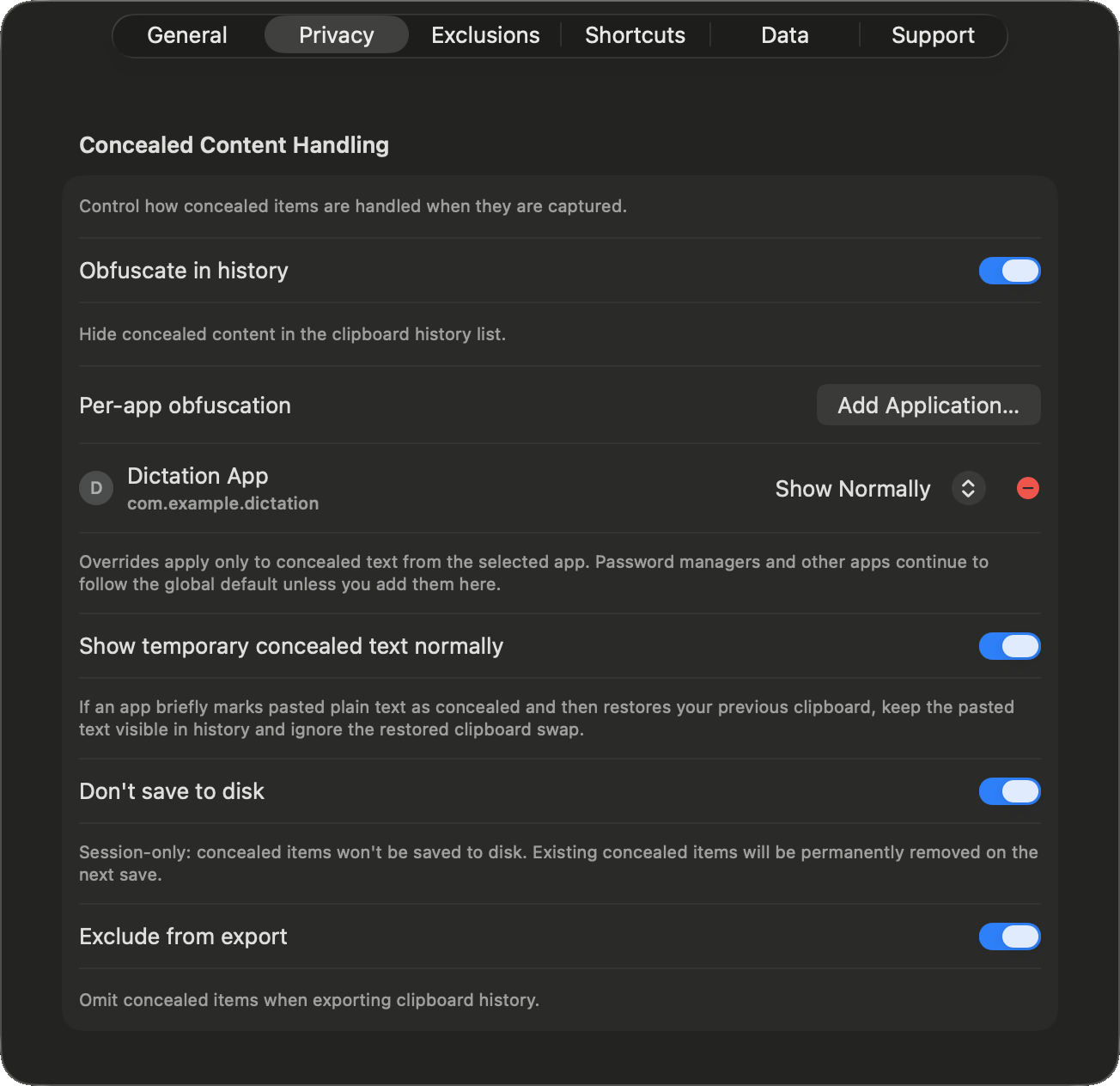 Clipboard privacy settings with concealed-content obfuscation, per-app controls, session-only storage, and export protection
