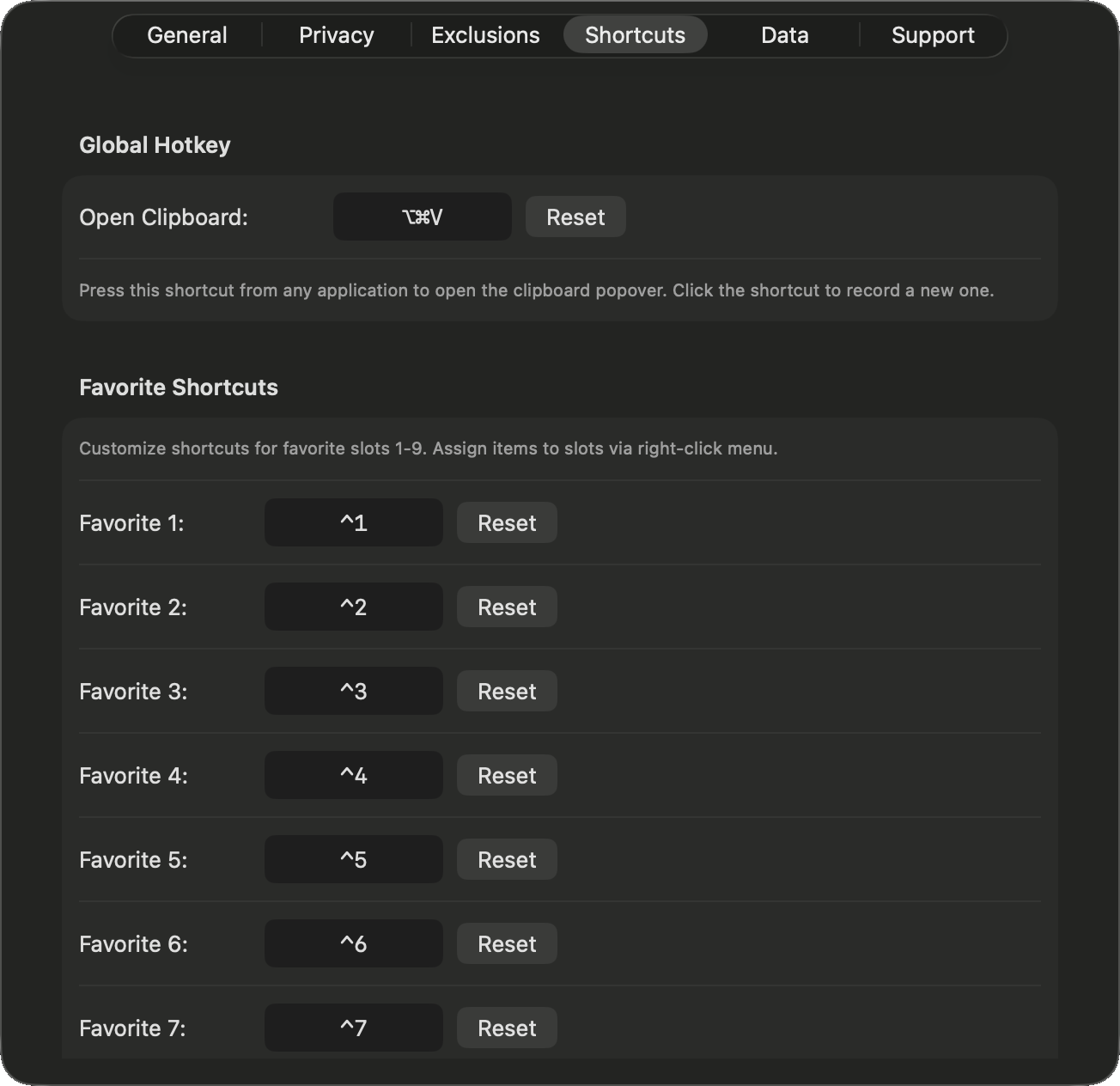 Clipboard Shortcuts settings showing the open hotkey, favorite slots, and in-popover keyboard reference
