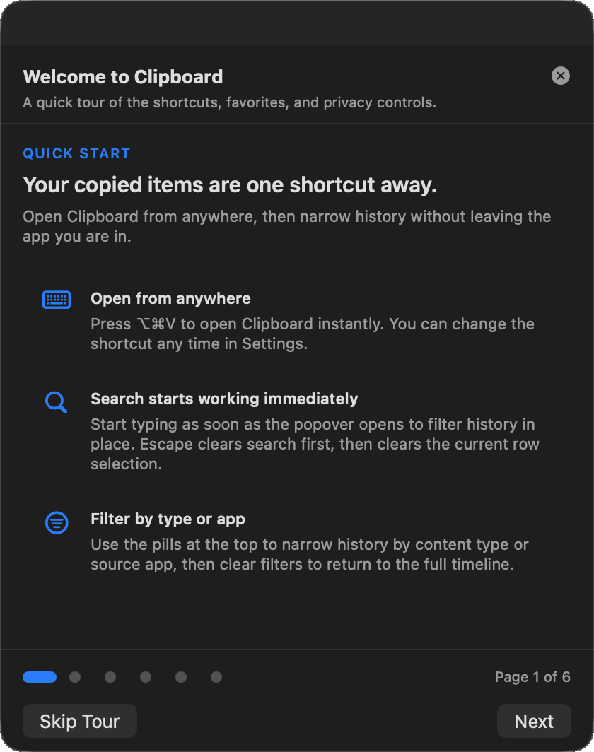 Clipboard welcome tour introducing search, favorites, shortcuts, and privacy